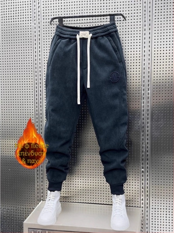 Ανδρικά παντελόνια corduroy με κέντημα, χαλαρά joggers, φλις επένδυση για τον χειμώνα