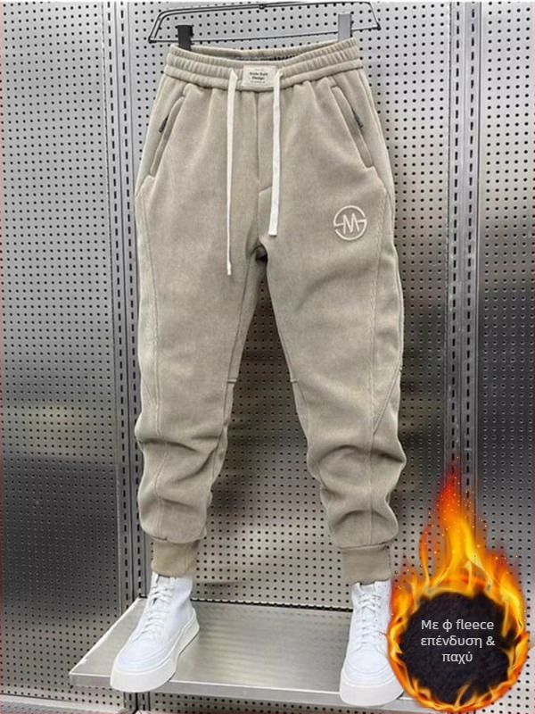Ανδρικά παντελόνια corduroy με κέντημα, χαλαρά joggers, φλις επένδυση για τον χειμώνα