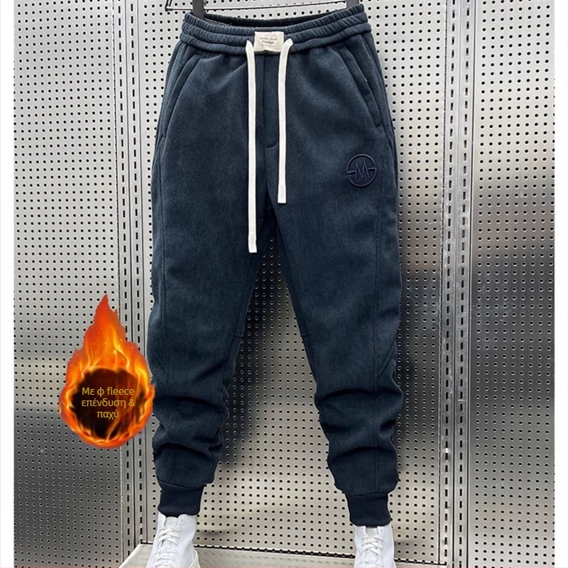 Ανδρικά παντελόνια corduroy με κέντημα, χαλαρά joggers, φλις επένδυση για τον χειμώνα