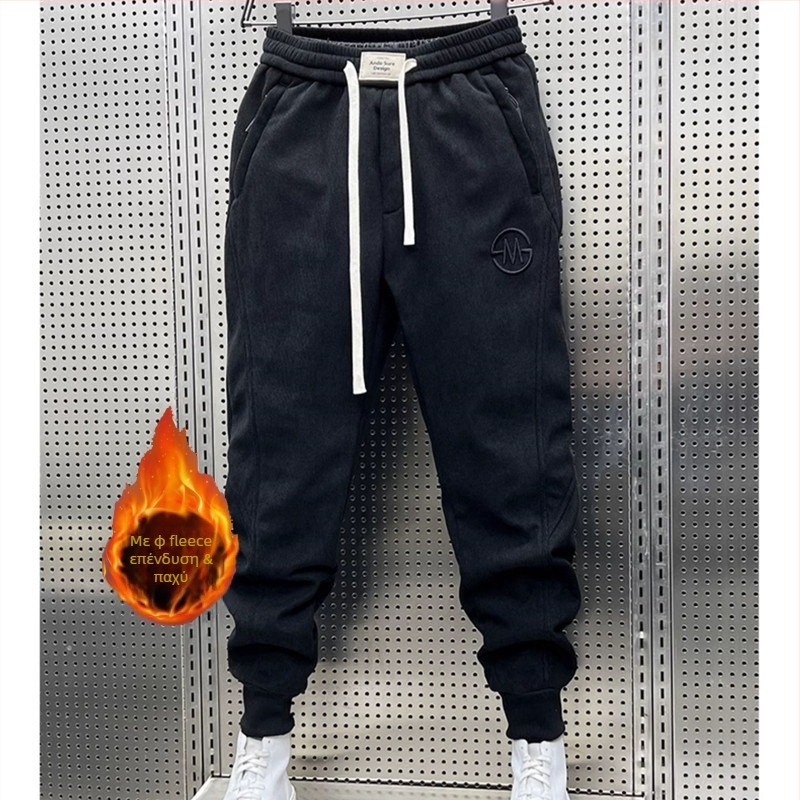 Ανδρικά παντελόνια corduroy με κέντημα, χαλαρά joggers, φλις επένδυση για τον χειμώνα