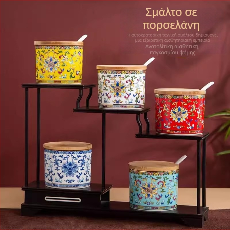 Σετ κεραμικά δοχεία μπαχαρικών σε νέο κινεζικό στιλ, εμαγιέ με καπάκια, για αλάτι, ζάχαρη, σκόνη τσίλι, σάλτσα και ξύδι