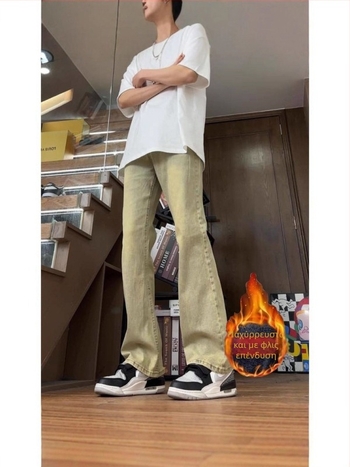 Ανδρικά τζιν slim straight από denim, με επένδυση φλίς, χοντρά για τον χειμώνα, αμερικανικό streetwear στυλ, με καμπύλη στα πόδια