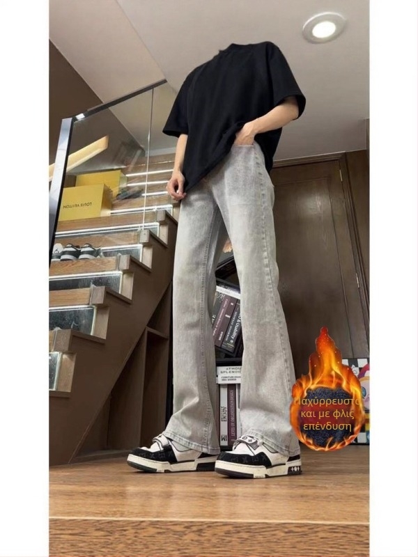 Ανδρικά τζιν slim straight από denim, με επένδυση φλίς, χοντρά για τον χειμώνα, αμερικανικό streetwear στυλ, με καμπύλη στα πόδια