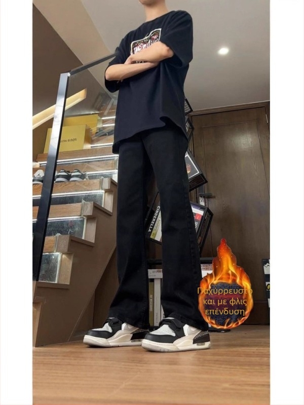 Ανδρικά τζιν slim straight από denim, με επένδυση φλίς, χοντρά για τον χειμώνα, αμερικανικό streetwear στυλ, με καμπύλη στα πόδια