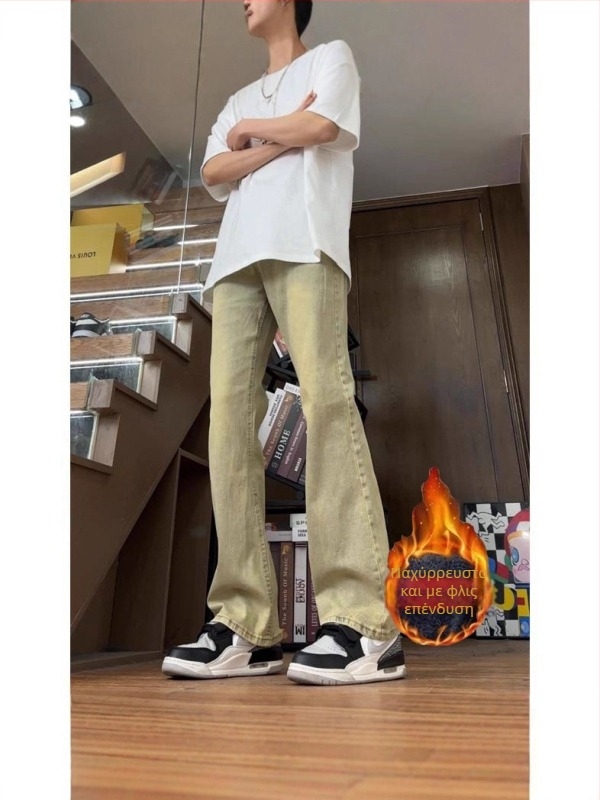 Ανδρικά τζιν slim straight από denim, με επένδυση φλίς, χοντρά για τον χειμώνα, αμερικανικό streetwear στυλ, με καμπύλη στα πόδια