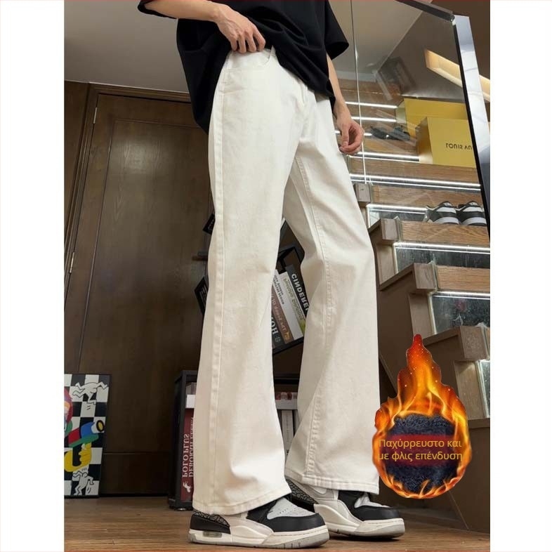 Ανδρικά τζιν slim straight από denim, με επένδυση φλίς, χοντρά για τον χειμώνα, αμερικανικό streetwear στυλ, με καμπύλη στα πόδια