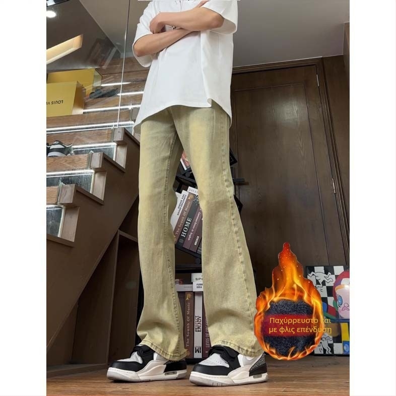 Ανδρικά τζιν slim straight από denim, με επένδυση φλίς, χοντρά για τον χειμώνα, αμερικανικό streetwear στυλ, με καμπύλη στα πόδια
