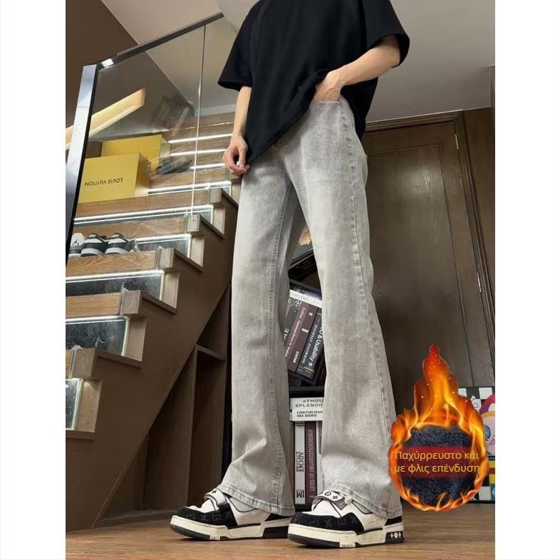 Ανδρικά τζιν slim straight από denim, με επένδυση φλίς, χοντρά για τον χειμώνα, αμερικανικό streetwear στυλ, με καμπύλη στα πόδια