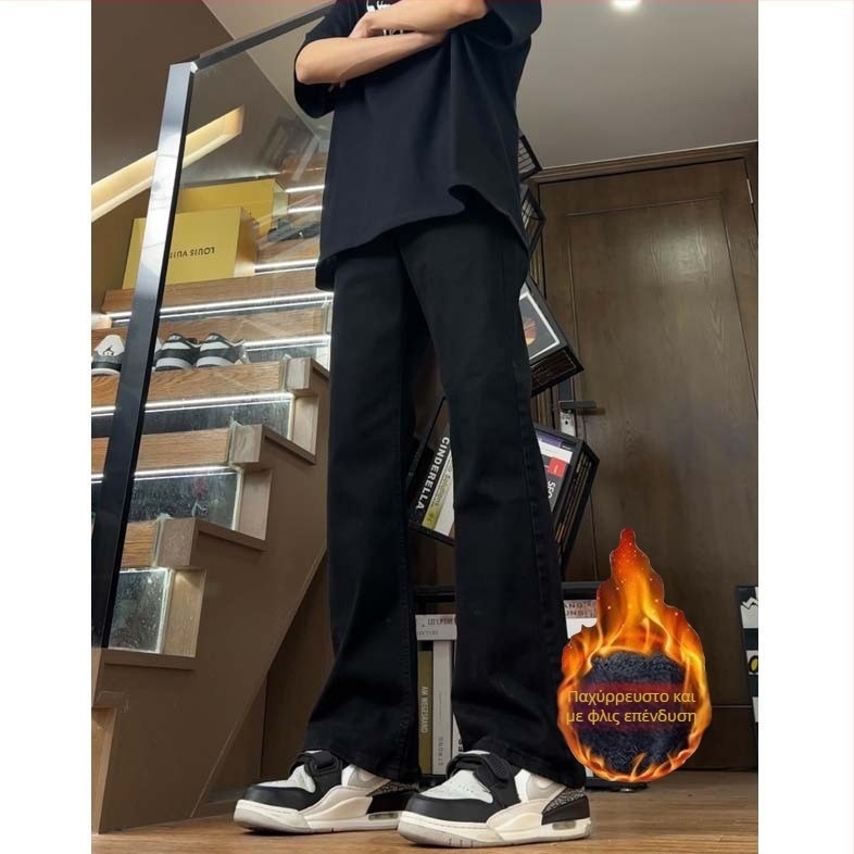 Ανδρικά τζιν slim straight από denim, με επένδυση φλίς, χοντρά για τον χειμώνα, αμερικανικό streetwear στυλ, με καμπύλη στα πόδια
