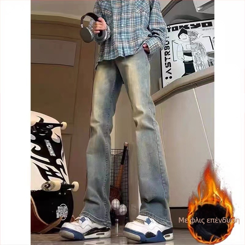 Ανδρικά τζιν slim straight από denim, με επένδυση φλίς, χοντρά για τον χειμώνα, αμερικανικό streetwear στυλ, με καμπύλη στα πόδια