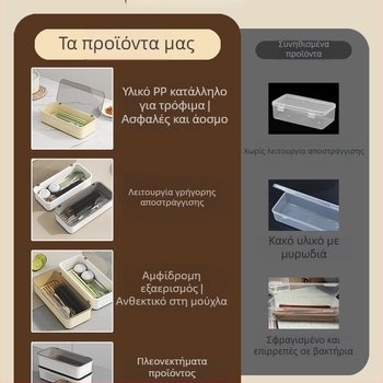 Κουτί αποθήκευσης μαχαιροπίρουνων με καπάκι, επίπεδος φορέας μαχαιροπίρουνων, ράφι στράγγισης σκευών με συρτάρι