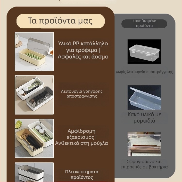 Κουτί αποθήκευσης μαχαιροπίρουνων με καπάκι, επίπεδος φορέας μαχαιροπίρουνων, ράφι στράγγισης σκευών με συρτάρι