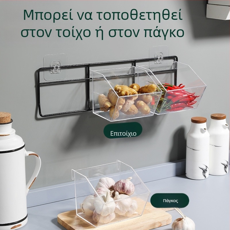 Ακρυλικός αποθηκευτικός κάδος τοίχου για σκόρδο, τζίντζερ και κρεμμύδια — διαφανές καλάθι οργάνωσης κουζίνας