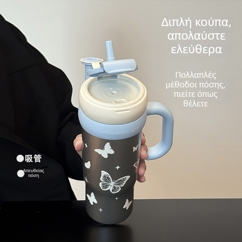 Θερμός από ανοξείδωτο ατσάλι 304 με σχέδιο καρτούν, κύπελλο αυτοκινήτου με λαβή για εξωτερική χρήση