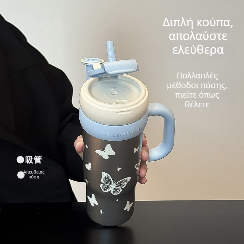 Θερμός από ανοξείδωτο ατσάλι 304 με σχέδιο καρτούν, κύπελλο αυτοκινήτου με λαβή για εξωτερική χρήση