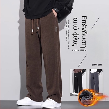 Ανδρικά παντελόνια Corduroy casual, για χειμώνα με fleece επένδυση, χοντρά, φαρδιά ίσια γραμμή