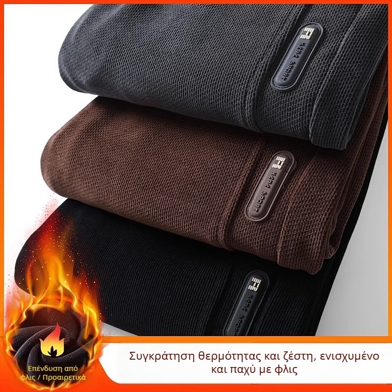 Ανδρικά παντελόνια Corduroy casual, για χειμώνα με fleece επένδυση, χοντρά, φαρδιά ίσια γραμμή