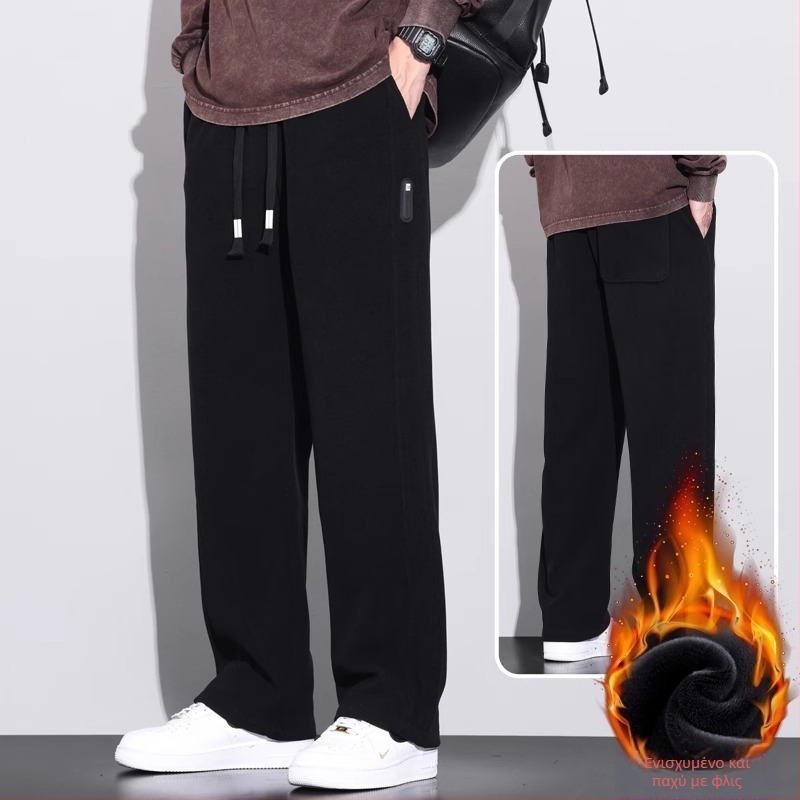 Ανδρικά παντελόνια Corduroy casual, για χειμώνα με fleece επένδυση, χοντρά, φαρδιά ίσια γραμμή