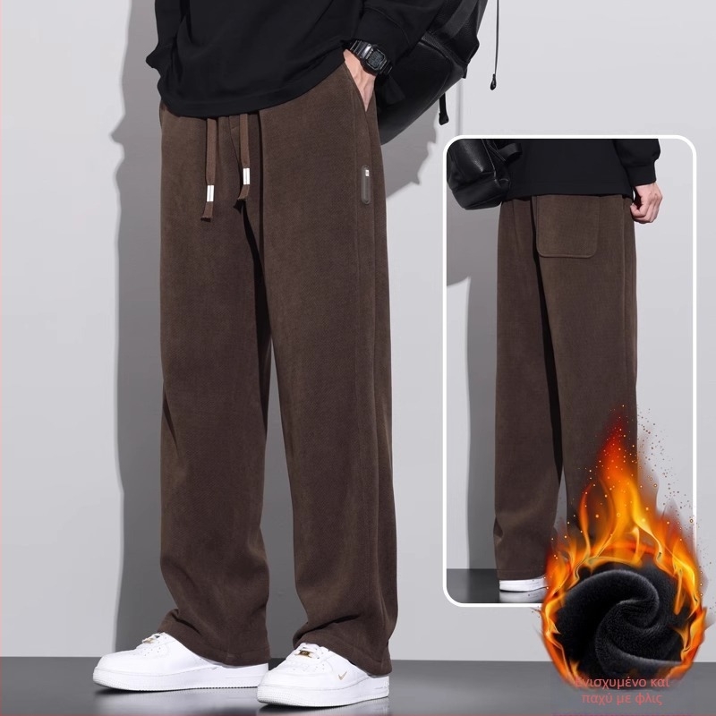 Ανδρικά παντελόνια Corduroy casual, για χειμώνα με fleece επένδυση, χοντρά, φαρδιά ίσια γραμμή