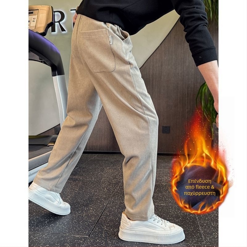 Ανδρικά παντελόνια Corduroy με επένδυση φλις, casual ίσιο κόψιμο