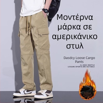 Ανδρικά παντελόνια casual με επένδυση φλίς, κανονική εφαρμογή, 2024 φθινόπωρο-χειμώνας, ιαπωνικού στυλ, φαρδιά γραμμή