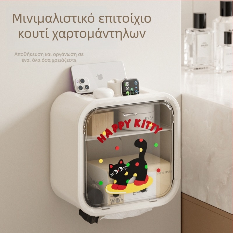 Θήκη χαρτιού μπάνιου με γατούλα σε καρτούν, τοίχου χωρίς διάτρηση, αδιάβροχη, μεγάλη χωρητικότητα