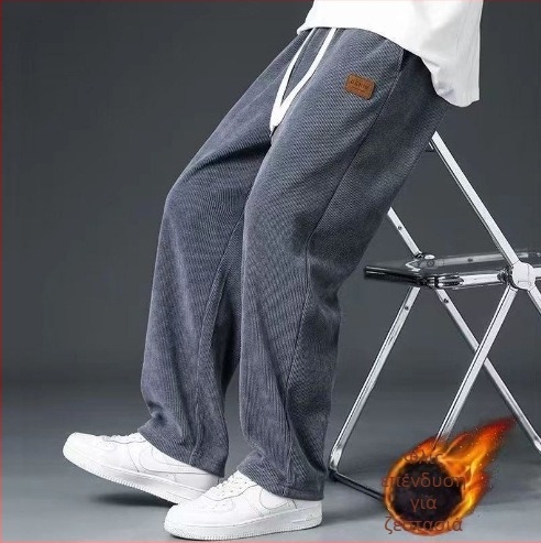 Ανδρικά παντελόνια φλις με επένδυση από Corduroy, casual για φθινόπωρο-χειμώνα, φαρδιά ίσια γραμμή, μακριά