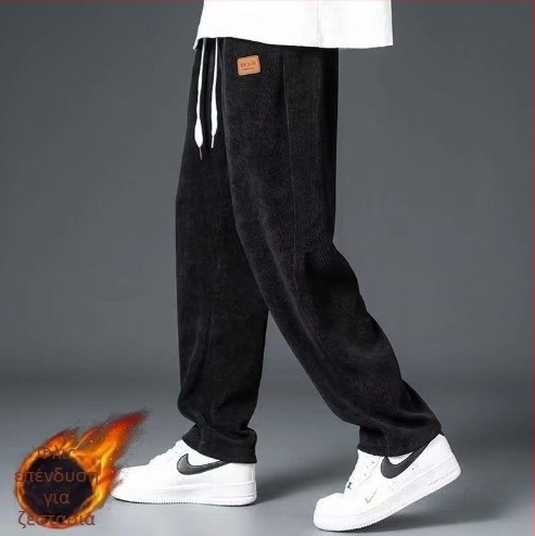 Ανδρικά παντελόνια φλις με επένδυση από Corduroy, casual για φθινόπωρο-χειμώνα, φαρδιά ίσια γραμμή, μακριά