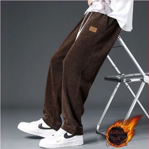 Ανδρικά παντελόνια φλις με επένδυση από Corduroy, casual για φθινόπωρο-χειμώνα, φαρδιά ίσια γραμμή, μακριά