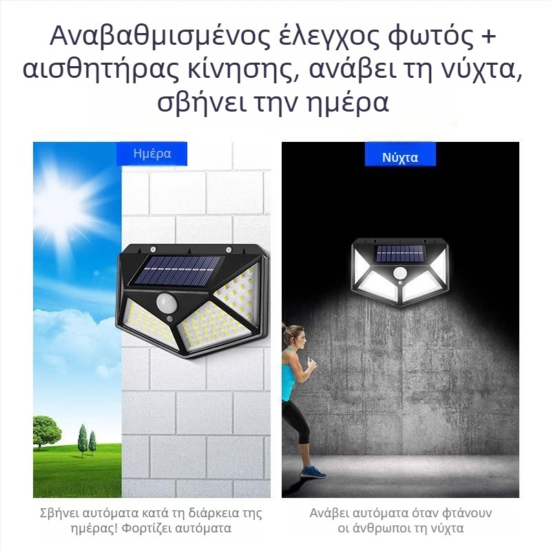 Φωτιστικό τοίχου κήπου με ηλιακή φόρτιση, εξωτερικό αδιάβροχο LED με αισθητήρα κίνησης και αυτόματο φωτισμό