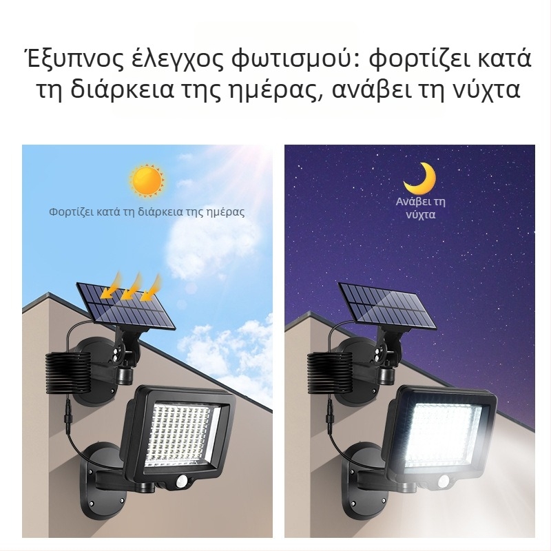 Ηλιακό φωτιστικό τοίχου με αισθητήρα κίνησης, τηλεχειριστήριο, αυτόματη φόρτιση, αδιάβροχο, εξωτερική χρήση