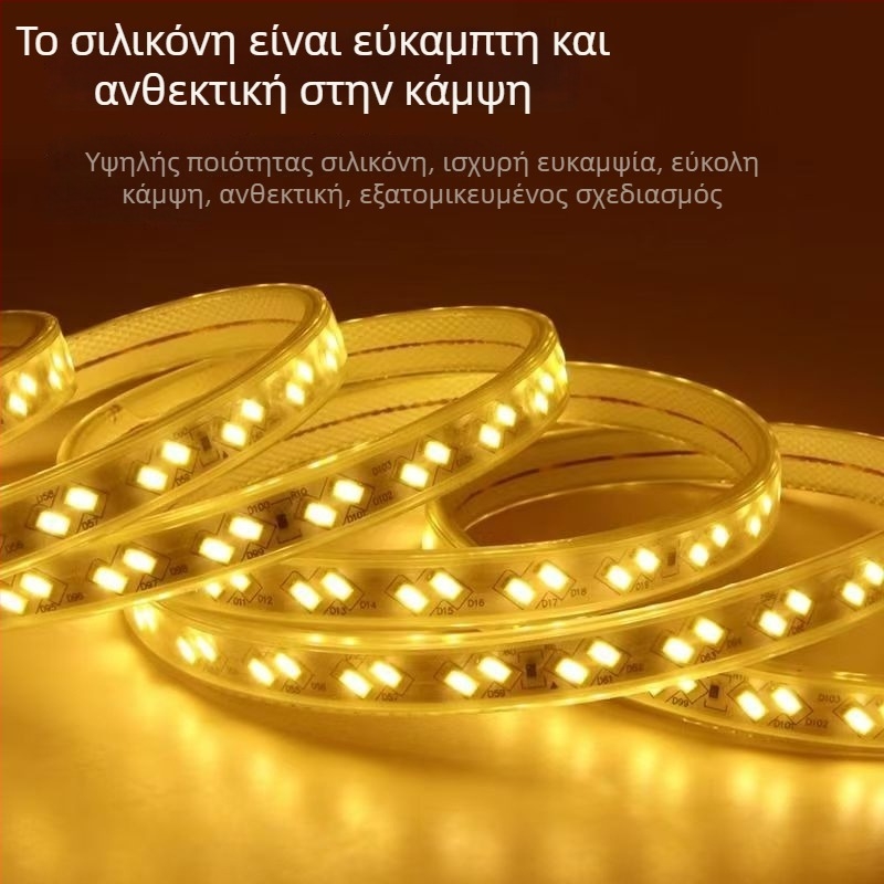 Ταινία LED 220V, αδιάβροχη, υψηλής τάσης, 12W/m, κοπτήσιμη, 2835 LED, δέσμη 180°, διακόσμηση εσωτερικού/εξωτερικού χώρου