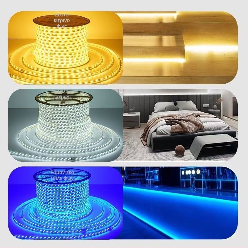 Ταινία LED 220V, αδιάβροχη, υψηλής τάσης, 12W/m, κοπτήσιμη, 2835 LED, δέσμη 180°, διακόσμηση εσωτερικού/εξωτερικού χώρου