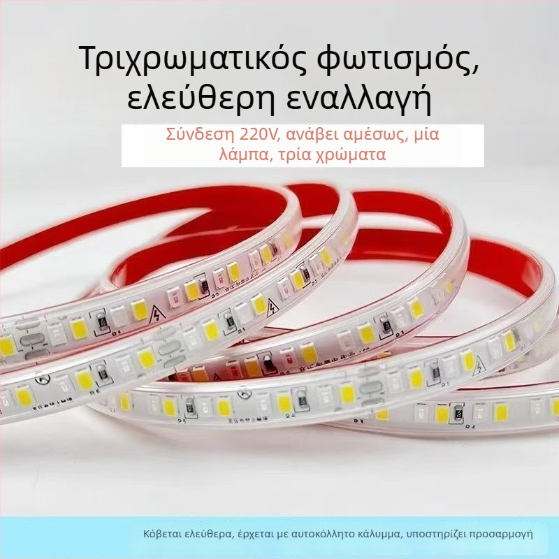 LED ταινία 220V, τρίχρωμη, τριών σειρών, υπερλαμπρή, αδιάβροχη για εξωτερική και εσωτερική διακόσμηση, γραμμικού τύπου