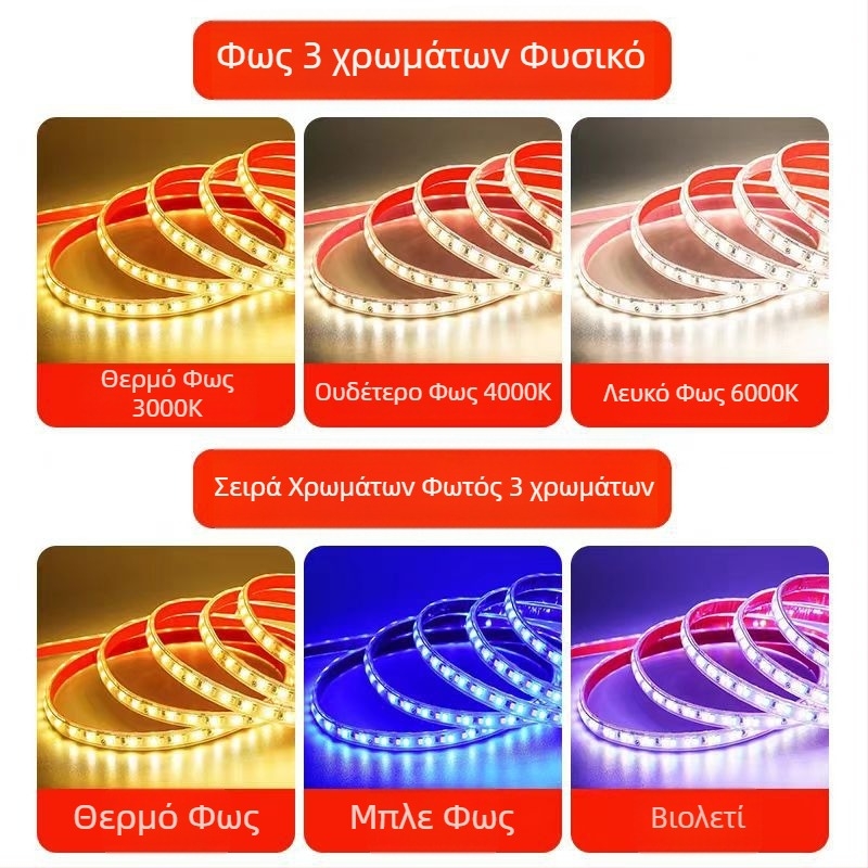 LED ταινία 220V, τρίχρωμη, τριών σειρών, υπερλαμπρή, αδιάβροχη για εξωτερική και εσωτερική διακόσμηση, γραμμικού τύπου