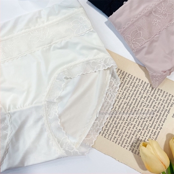 Γυναικεία εσώρουχα Ice Silk, μεσαίας–έως υψηλής μέσης, δαντέλα περιμετρικά, Plus size, βαμβακερή επένδυση, 5A αντιβακτηριδιακό