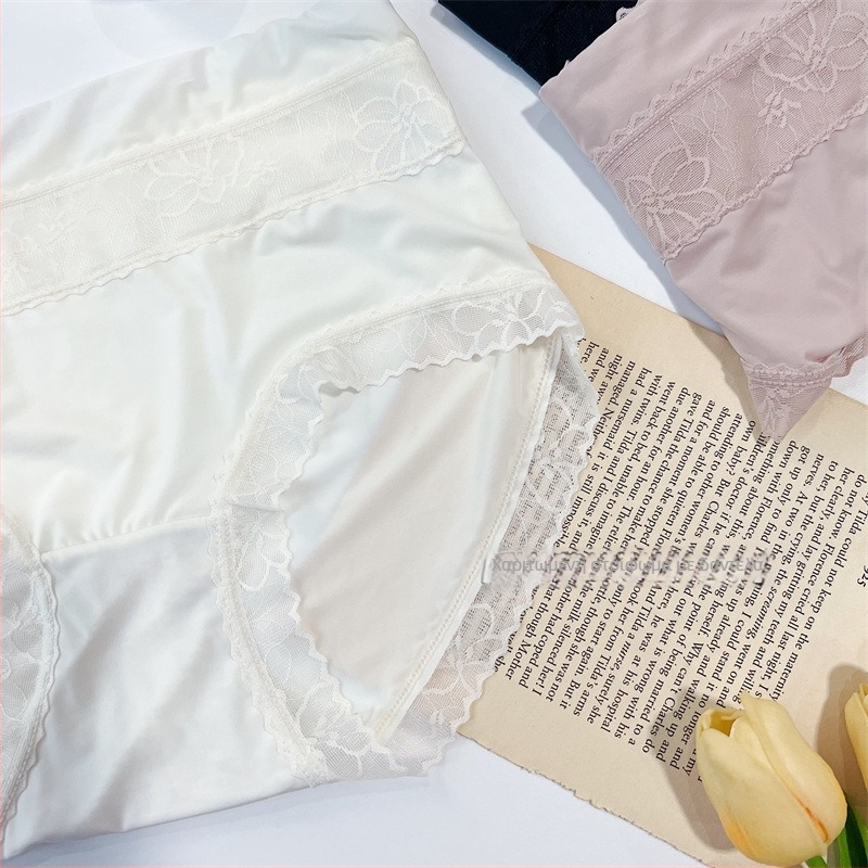 Γυναικεία εσώρουχα Ice Silk, μεσαίας–έως υψηλής μέσης, δαντέλα περιμετρικά, Plus size, βαμβακερή επένδυση, 5A αντιβακτηριδιακό