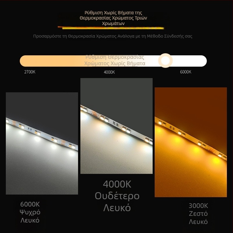 Λωρίδα LED με αυτοκόλλητη βάση 2835, διχρωματική θερμοκρασία φωτισμού (CCT), 12V, ομαλό ρύθμιση φωτεινότητας και ρύθμιση χρώματος, υψηλή φωτεινότητα
