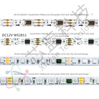 Λωρίδα LED WS2811 RGB, 12V, 96 LED, πλάτος 8 mm, πλήρους χρωμάτων εφέ ροής, τηλεχειριστήριο, ρυθμιζόμενη φωτεινότητα, μη αδιάβροχη