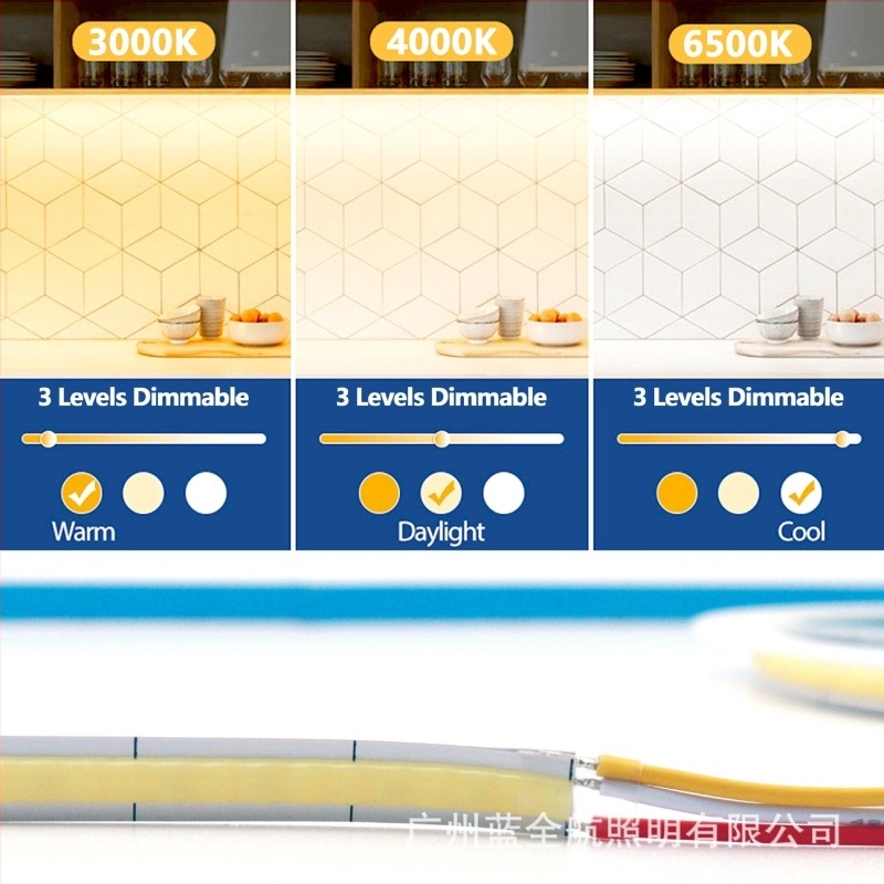 Λωρίδα LED COB DC5V, λευκός και ζεστός διπλός τόνος χρώματος, τριχρωμική ρύθμιση φωτισμού, 500 LED, πλάτος 10 mm, εντοιχισμένη σε ντουλάπι, εσωτερικός φωτισμός, ρυθμιζόμενη, γωνία δέσμης 120°, CRI 90