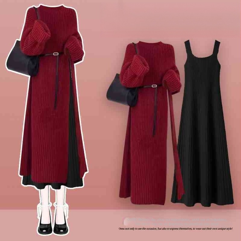Γυναικείο χειμερινό σετ δύο κομματιών από την Anke La — κόκκινο χριστουγεννιάτικο πλεκτό φόρεμα με φούστα τιράντες