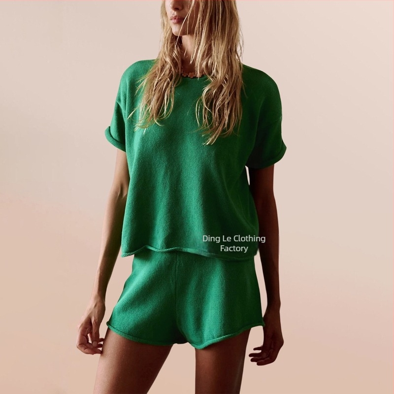 Γυναικείο καλοκαιρινό σετ πλεκτής μπλούζας και σορτς, χαλαρή γραμμή, βισκόζη 95%+