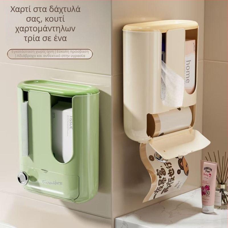 Επιτοίχιος πολυτελής αποθηκευτικός κάδος για πετσέτες προσώπου και ρολό χαρτιού, 3-σε-1 οργάνωση για μαντηλάκια και υγρά μαντηλάκια