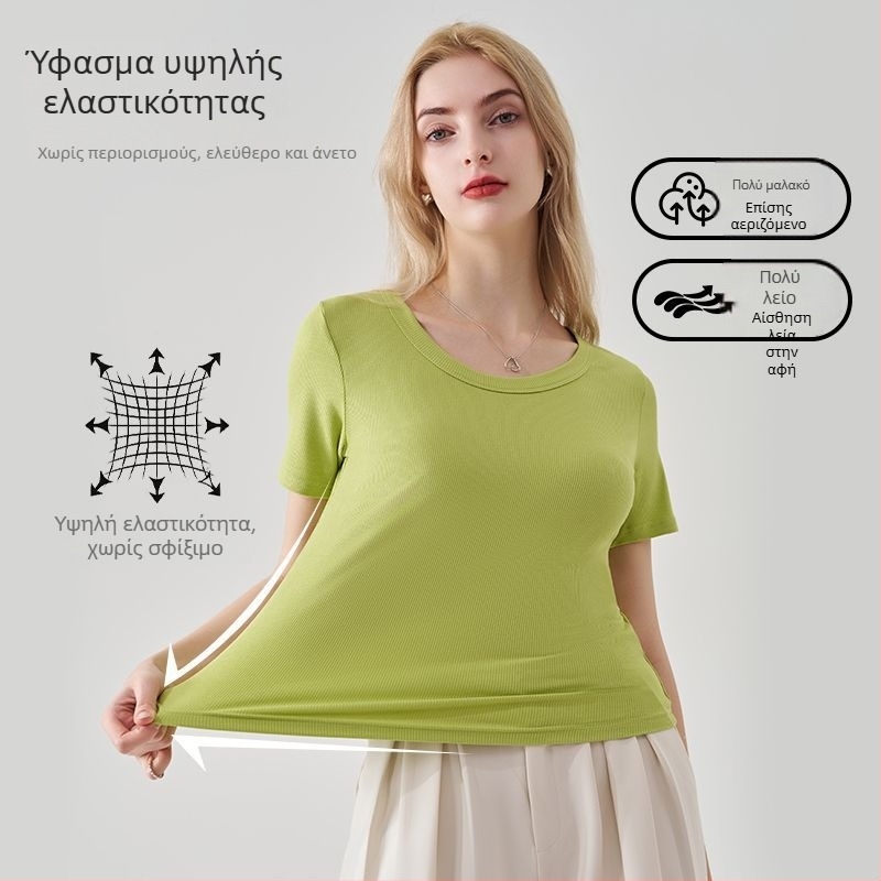 Γυναικείος κοντομάνικος τοπ από Modal, στενή γραμμή, στρογγυλός λαιμός, λευκό, κορεατικό στυλ, καλοκαίρι 2024