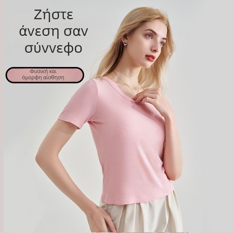 Γυναικείος κοντομάνικος τοπ από Modal, στενή γραμμή, στρογγυλός λαιμός, λευκό, κορεατικό στυλ, καλοκαίρι 2024