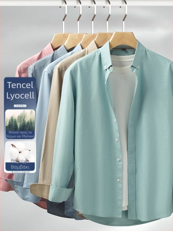 Ανδρικό πουκάμισο-ζακέτα από Lyocell-Tencel βαμβάκι για άνοιξη-φθινόπωρο, καθημερινή κομψότητα, άνεση και εύκολη φροντίδα, μακριά μανίκια