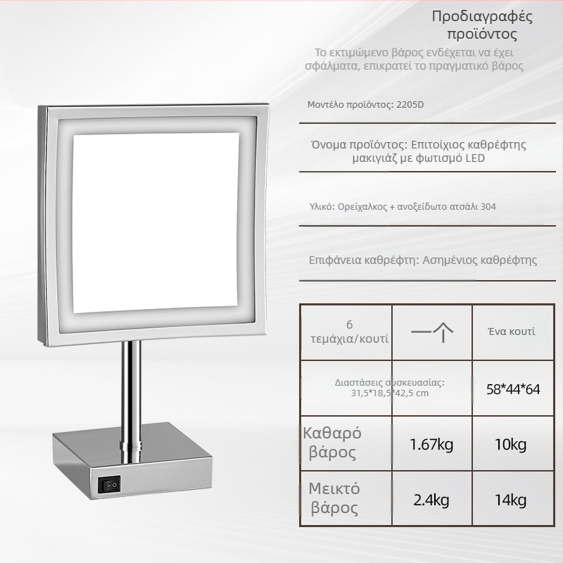 8 ιντσών LED καθρέπτης μακιγιάζ για γραφείο, τετράγωνος μεγεθυντικός καθρέπτης, ευρωπαϊκό στυλ, μονόπλευρος
