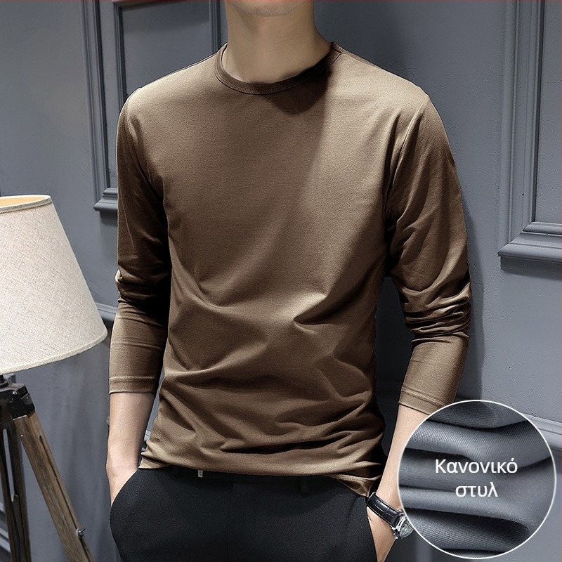 Ανδρικό μακρυμάνικο T-shirt από modal, ελαφρύ και φιλικό προς το δέρμα, βασικό λευκό μονόχρωμο για φθινοπωρινό-χειμερινό ντύσιμο