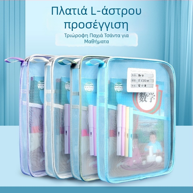 Τσαντάκι τύπου L για βιβλία και μαθήματα, διαφανές σχέδιο, ευρύ άνοιγμα, πολυεπίπεδο νάιλον πλέγμα, διπλό φερμουάρ, με λαβή