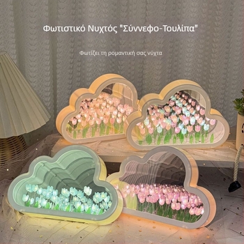 Νυχτερινό φως Cloud Tulip – DIY χειροποίητο, καθρέφτης με ανθοστόλισμα σε θαλάσσιο τοπίο, ατμοσφαιρικός φωτισμός γραφείου, διακοσμητικό δώρο